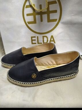 ELDA Black Leather Espadrille Flats